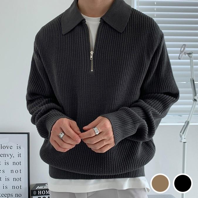 남성 깔끔한 카라 반집업 캐주얼 겨울 패션 니트 긴팔 티셔츠