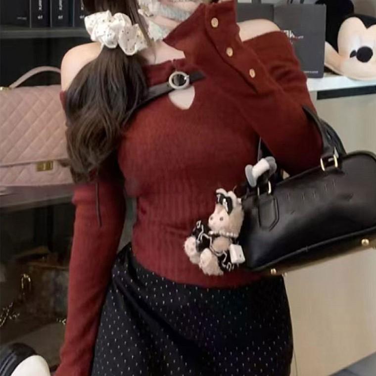 여성 슬림 티셔츠 숄더포인트 크롭 니트티