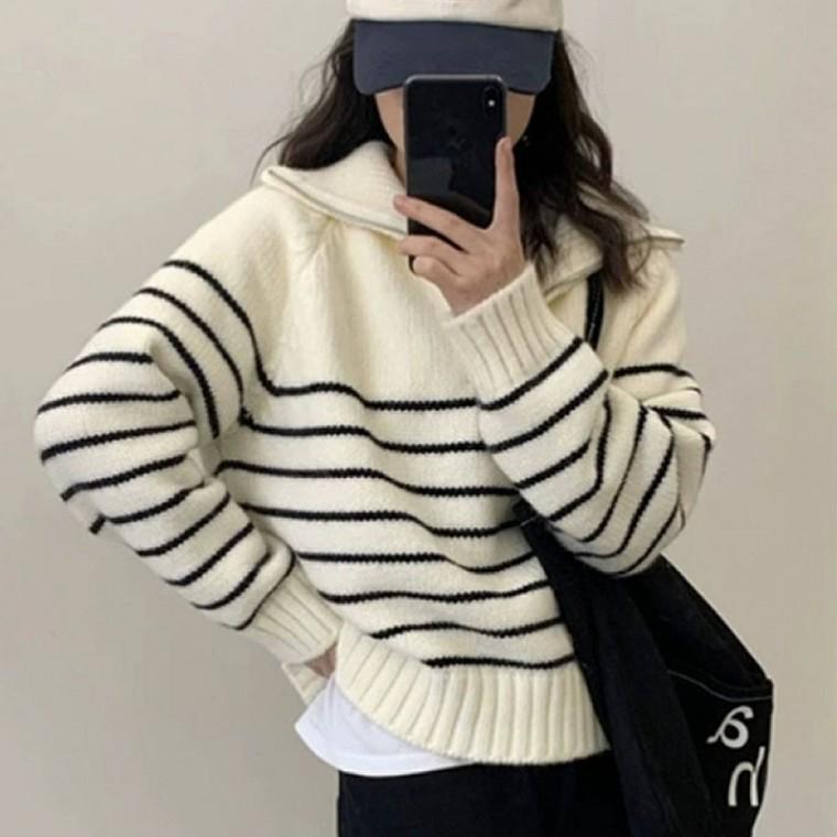 여성 단가라 카라 하프집업 니트티 캐주얼룩