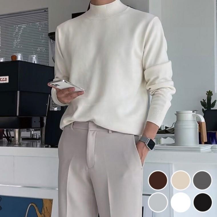 깔끔한 반목 반폴라 슬림핏 패션 데일리 남성 긴팔 니트티