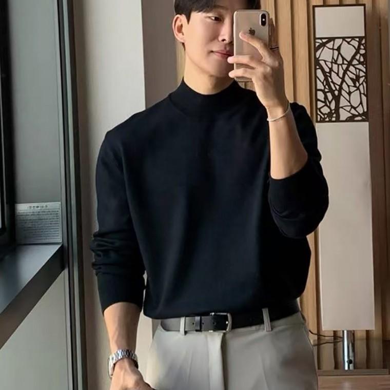 남자 슬림 깔끔한 디자인 통기성 좋은 원단 소프트 반목 반폴라 긴팔 니트