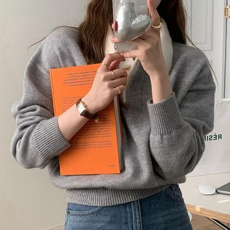 여자 배색 카라 숏니트 긴팔티 데일리 오피스룩 티셔츠
