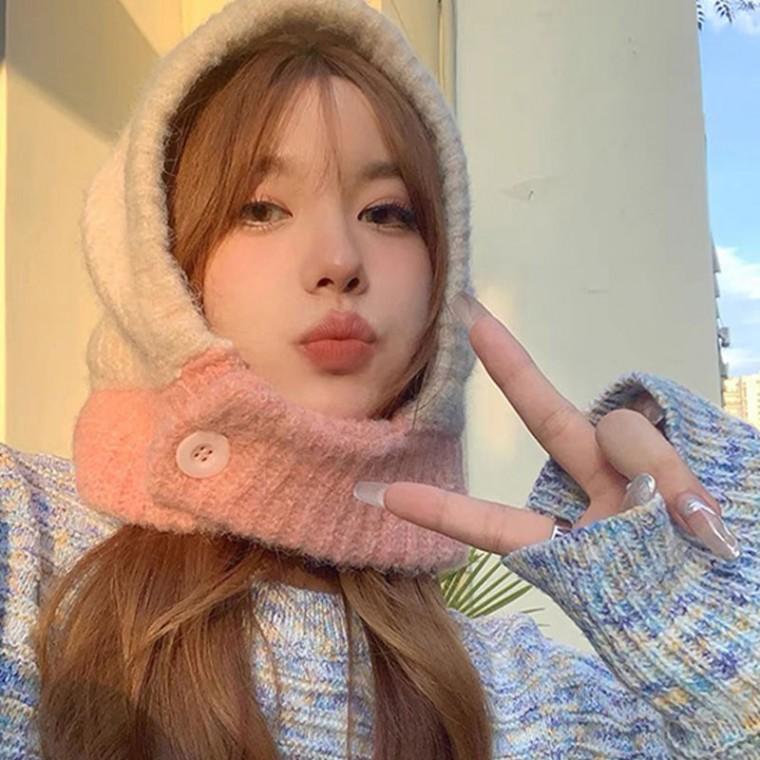 파스텔 배색 부클 버튼 단추 니트 바라클라바 넥워머