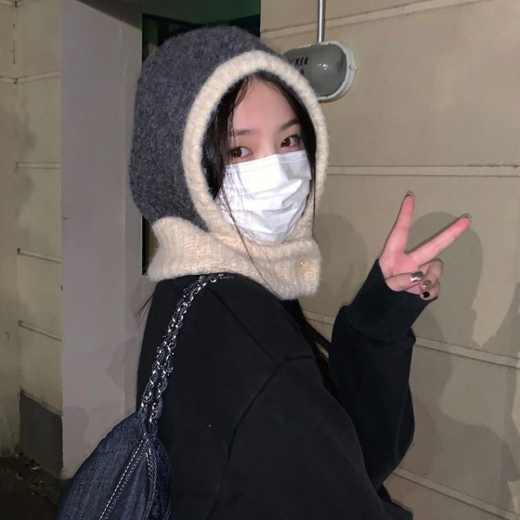 부클 버튼 단추 배색 파스텔 니트 바라클라바 넥워머