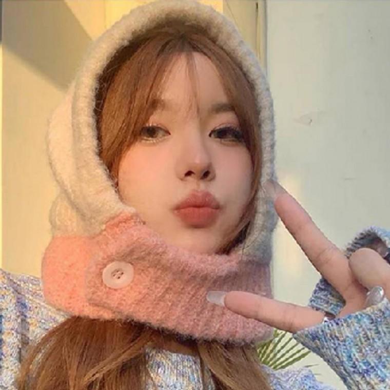 목토시 여성 겨울 니트 배색 후드 여자 바라클라바 넥워머