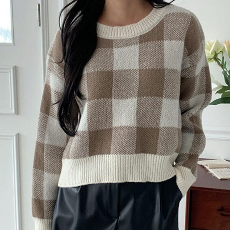 여성 체크 크롭 니트티 신상 캐주얼 데일리룩