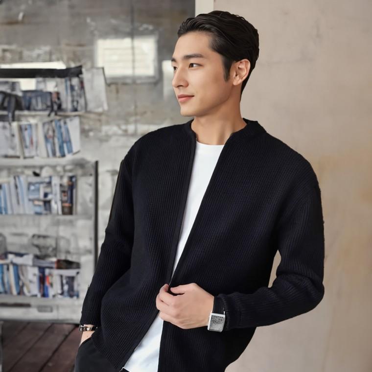 남자 골지 집업가디건 가을 겨울 두꺼운 오버핏 헨리넥 지퍼 니트 가디건 아우터