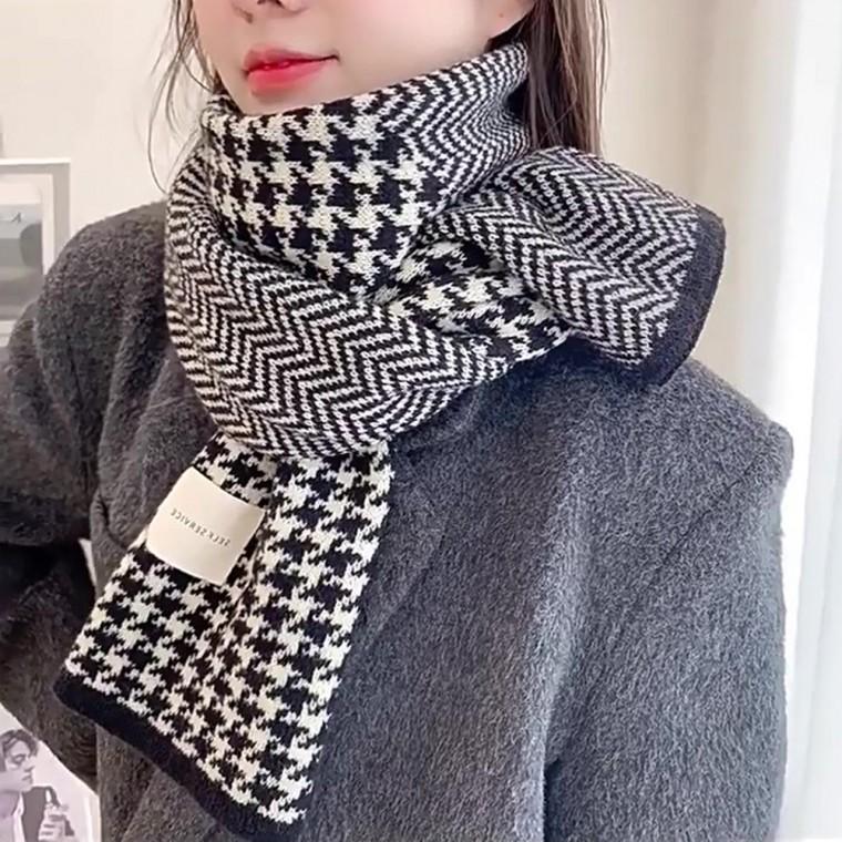 더블 패턴 머플러 목돌이 중학생 목도리 발열 슬림 짧은 숏 커플 쁘띠 하운드체크 헤링본 미니 니트 스카프