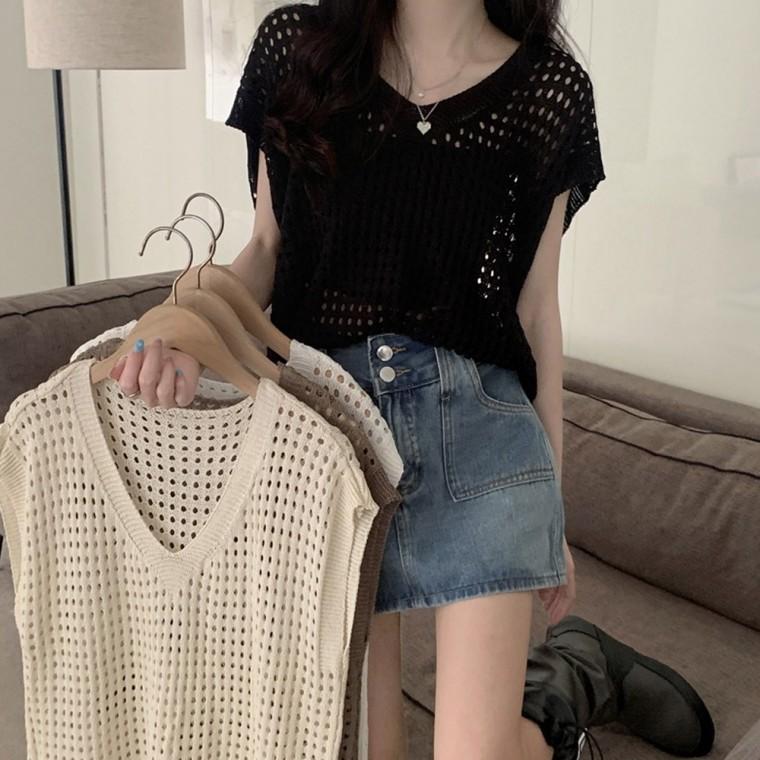 시원한 펀칭 니트 짜임 브이넥 가벼운 여성 니트 조끼