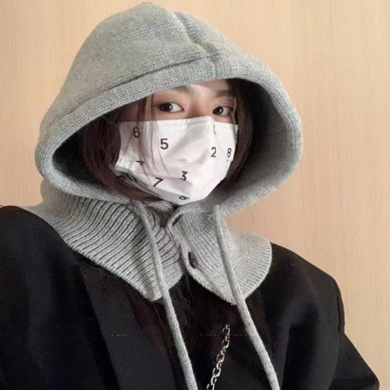 루즈핏 단추 끈 니트 넥 후드 워머 모자 바라클 라바 겨울 패딩 빅사이즈 캠핑 양털
