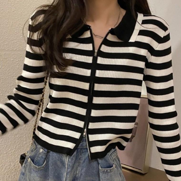 여자 데일리 니트티 스트라이프 집업 카라티
