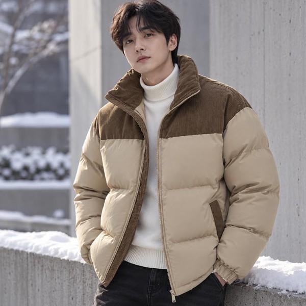 겨울 코듀로이 점퍼 하이넥패딩 배색 디자인 방한 재킷 데일리 캐주얼 남성 골덴 아우터