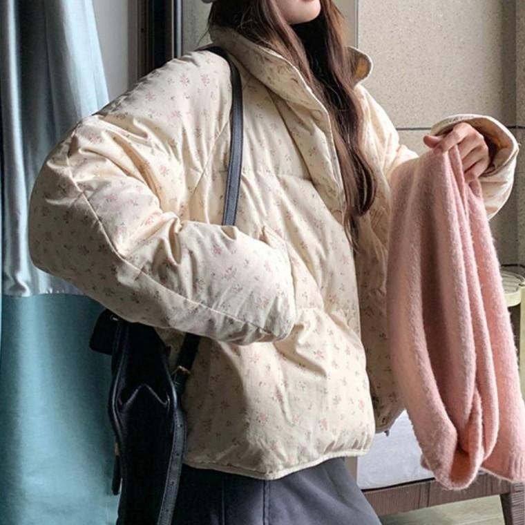 여성 겨울 플라워 꽃무늬 숏 패딩 학생 20대 점퍼 플라워패딩 꽃무늬패딩 여자 아우터 고딩패딩 하이넥