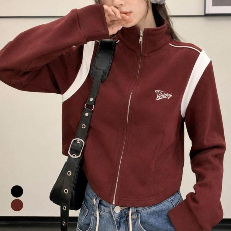 배색 라인 여성 점퍼 크롭 집업 하이넥 집업 자켓
