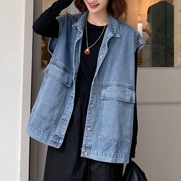 여성 간절기 오버핏 데님 카라 조끼 베스트 연청 베스트 조끼 청 여자 예쁜 자켓 여성 데님 가을 봄