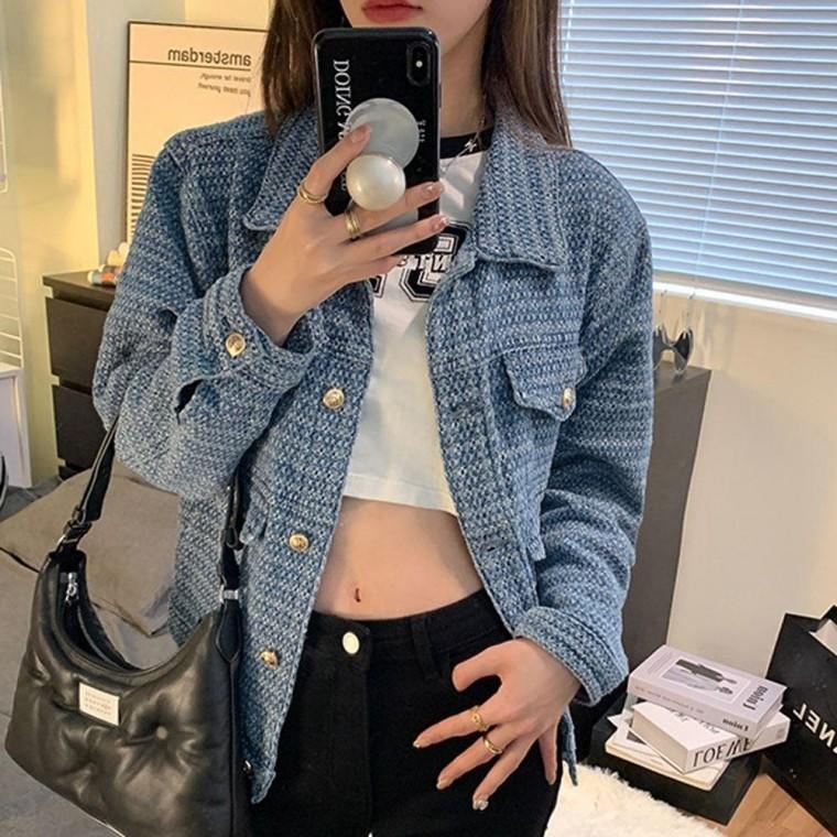 트랜디 여유 핏 여성 데님 카라 간절기 트위드 자켓 트위드 정장 오버핏 봄 재킷 쟈켓 자켓 코디 여성