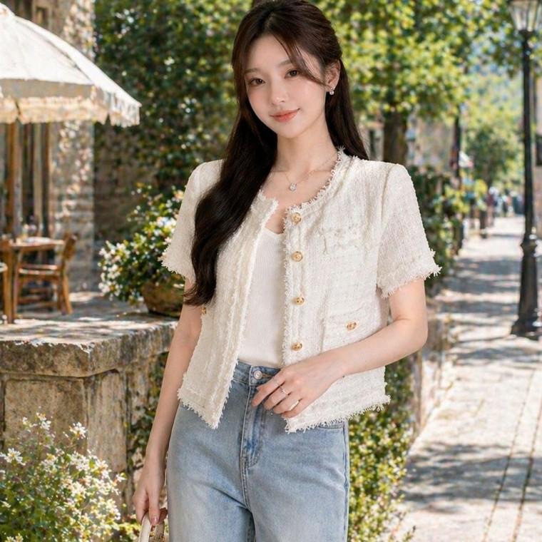 여성 반팔 트위드 자켓 화이트 원피스 가디건 여자 시크 라인 라운드