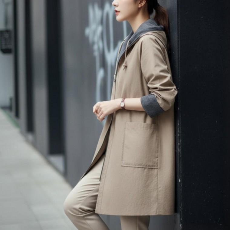 여성 아우터 야상 오버핏 사파리 노카라 후드 하프 자켓