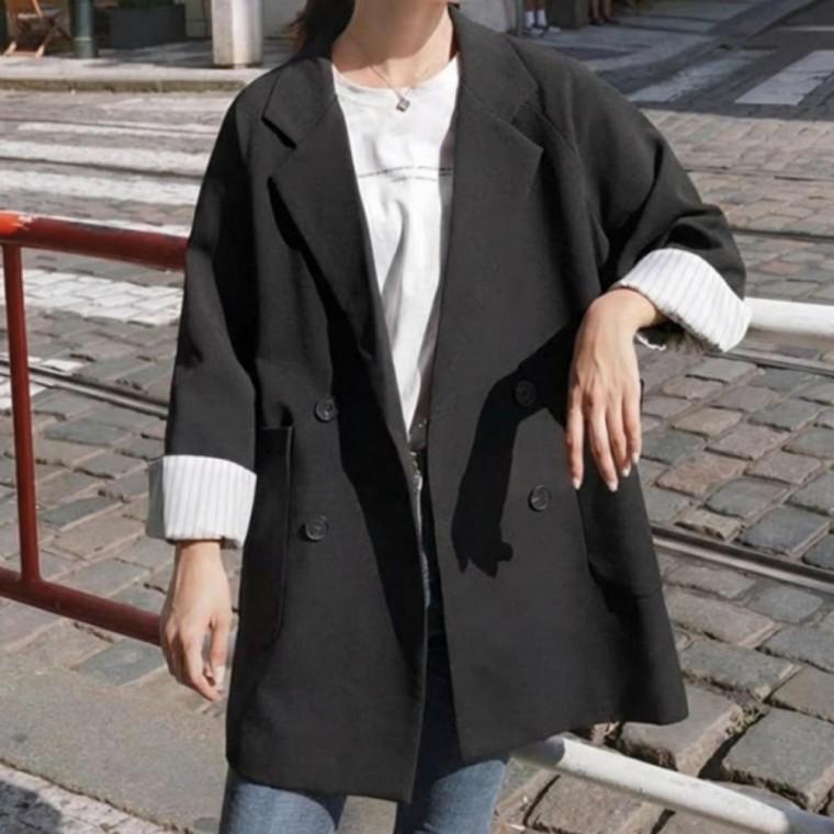 루즈핏 봄자켓 블레이저 테일러드 세미정장 여성 하객룩 더블 롱자켓