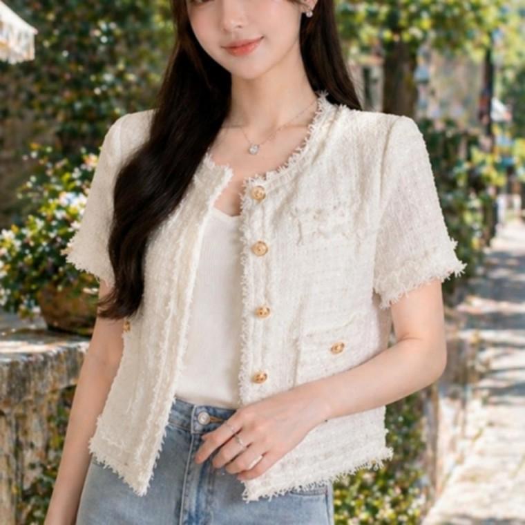 반팔 트위드 자켓 여성용 하객룩 오피스룩 여름용 세미크롭 진주 단추 고급스러운 외출복 p6513b