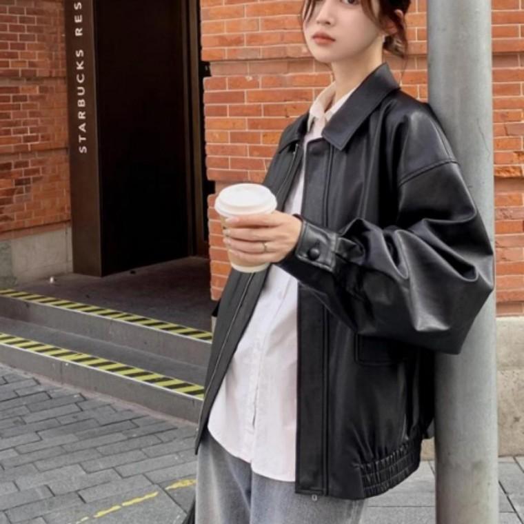 봄 여성 오버핏 카라 집업 레더 자켓 간절기 루즈핏