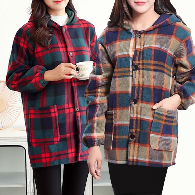 플리스 코트 자켓 하프 데일리 벨벳 체크 아우터