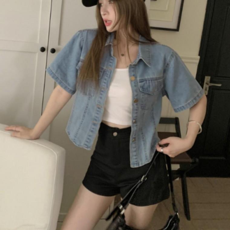 여성 여름 데일리 세미크롭 데님 포켓 반팔 청자켓