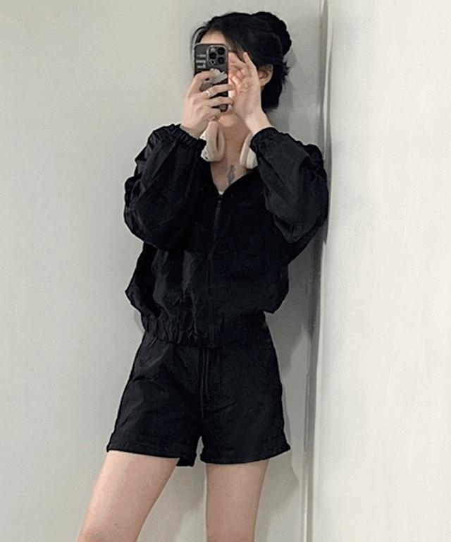 바스락 여성 트레이닝복 세트 [SET 바람막이 트레이닝 츄리닝 반바지 여자 후드 집업 밴딩 바지 런닝 러닝]