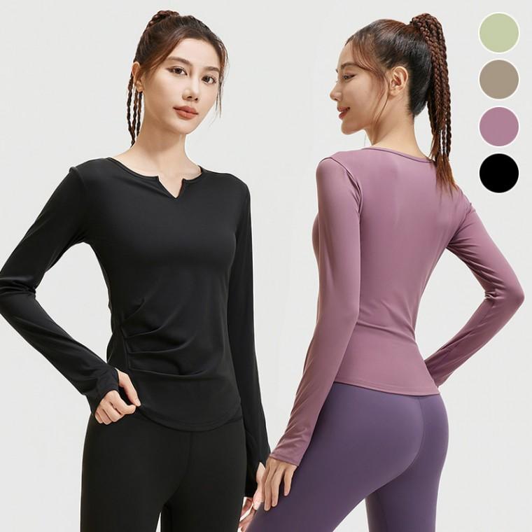 브이넥 솔리드 헬스 러닝 요가복 긴팔 긴팔운동복 셔링 필라테스
