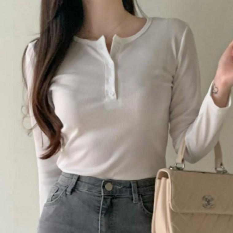 헨리넥 티셔츠 슬림핏 여성 데일리 봄 베이직 긴팔티 의류 골지 스판