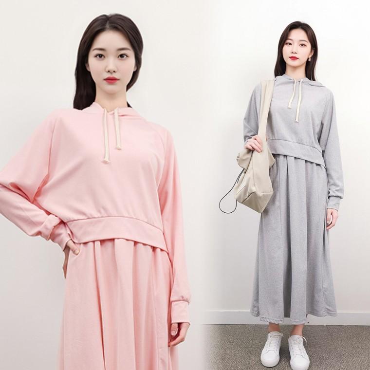 가을 봄 기모 후드원피스 긴팔 롱 캐주얼 빅사이즈 투피스 원피스 후드티