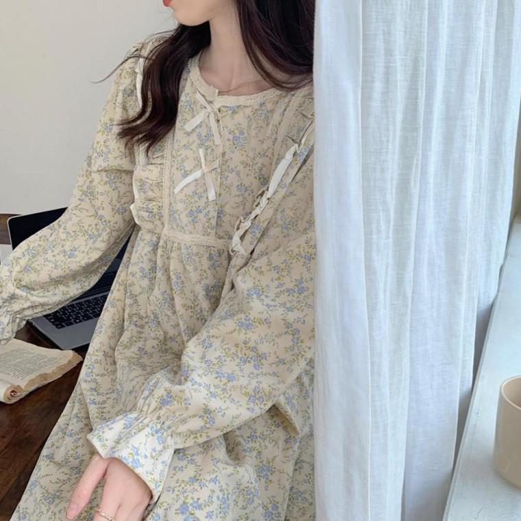 잔꽃 긴팔 플라워 꽃무늬 원피스 잠옷 홈웨어
