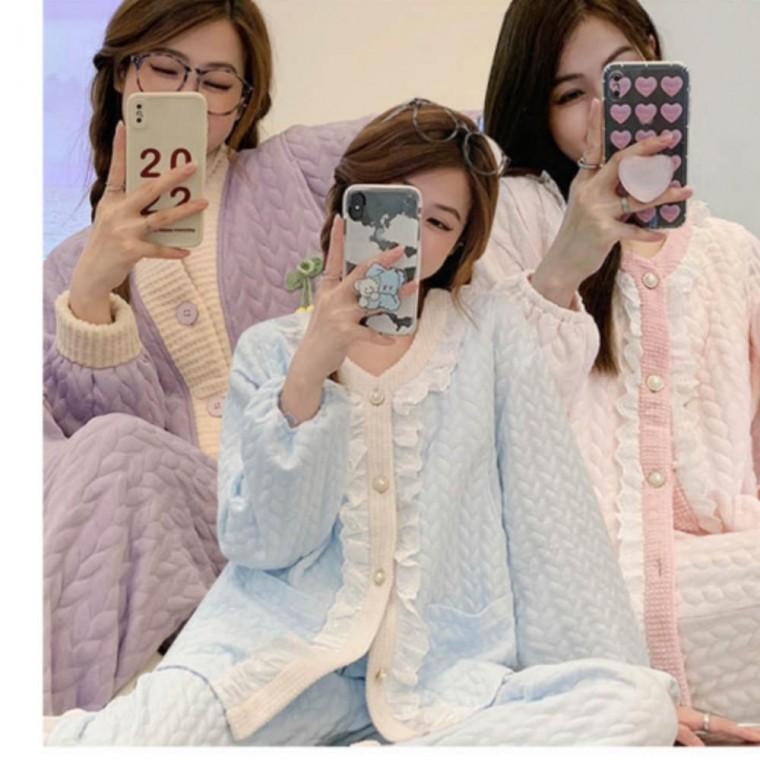 긴팔 누빔 도톰한 잠옷세트 포근한 파자마 잠옷 포근한 언더웨어 스타일