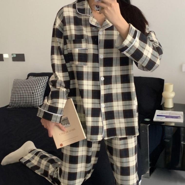 여성 홈웨어 긴팔 실내복 잠옷 체크 예쁜 파자마 세트 바지 파티 여자 여성홈웨어