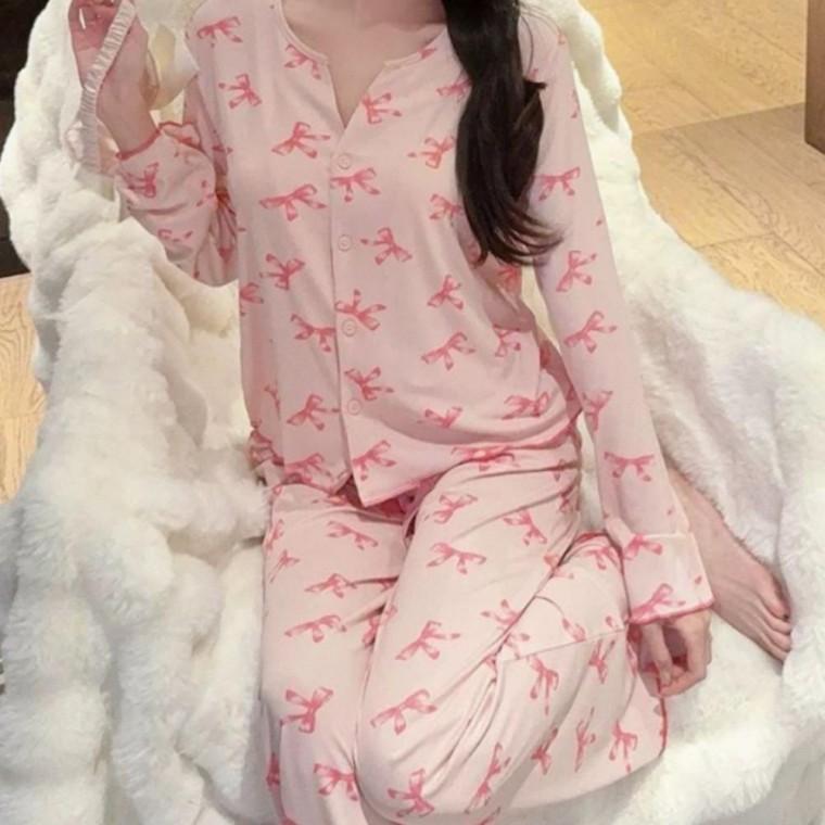 베이비핑크 리본 파자마 홈웨어세트 긴팔 잠옷 상하세트 데일리 라운지 홈웨어