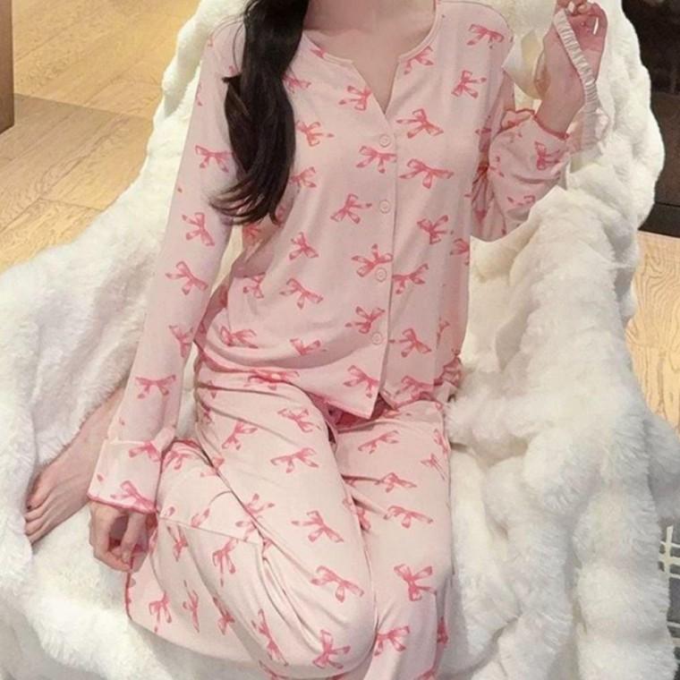 여성 긴팔 바지 잠옷 세트 예쁜 핑크 파자마 홈웨어 여자 실내복 여성홈웨어 봄잠옷