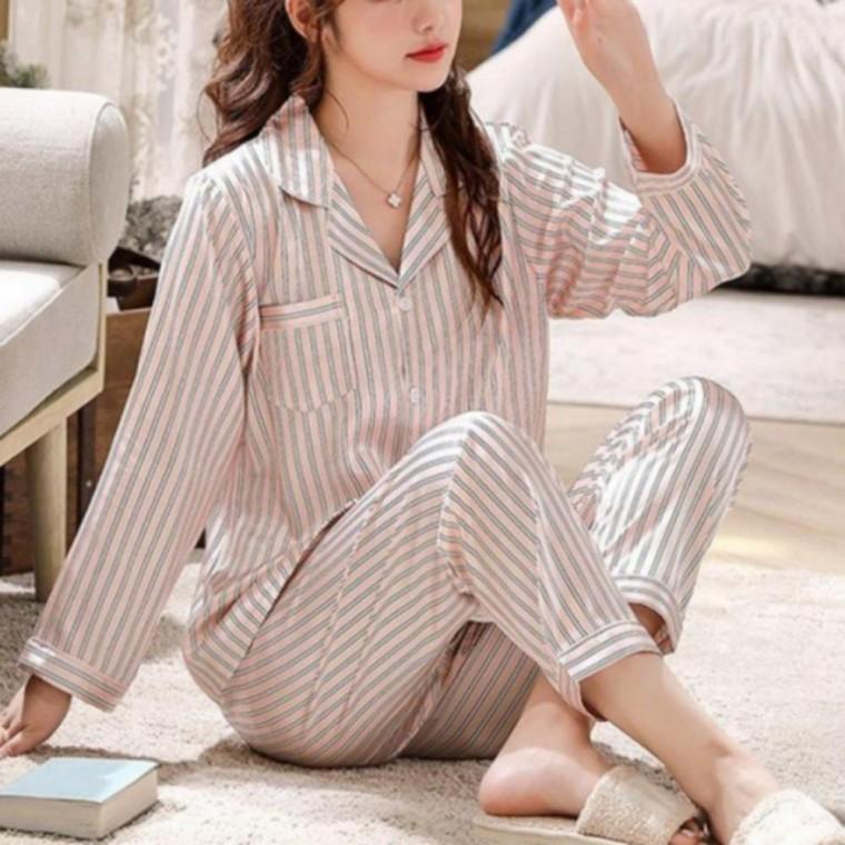여성 여름 시원한 긴팔 파자마 스트라이프 줄무늬 홈웨어 잠옷 상하의 세트 데일리