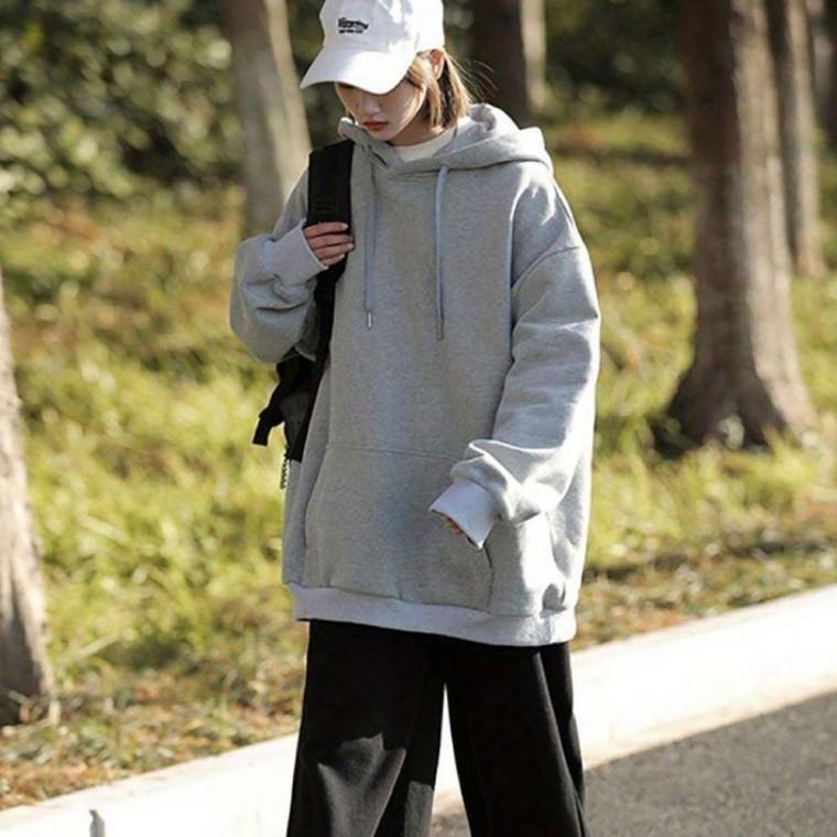 여자 학생 대학생 캐주얼 무지 스타일 베이직 오버핏 긴팔 후드 티셔츠 후드티 데일리