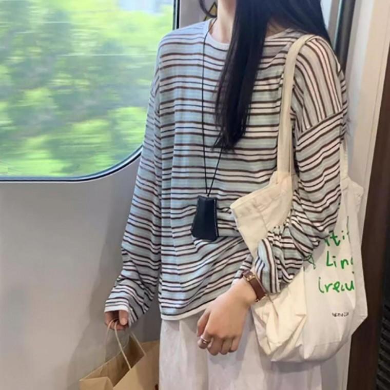 여자 스트라이프 패턴 라운드넥 캐주얼 루즈핏 긴팔 티셔츠 기모 맨투맨 후드티 레이스