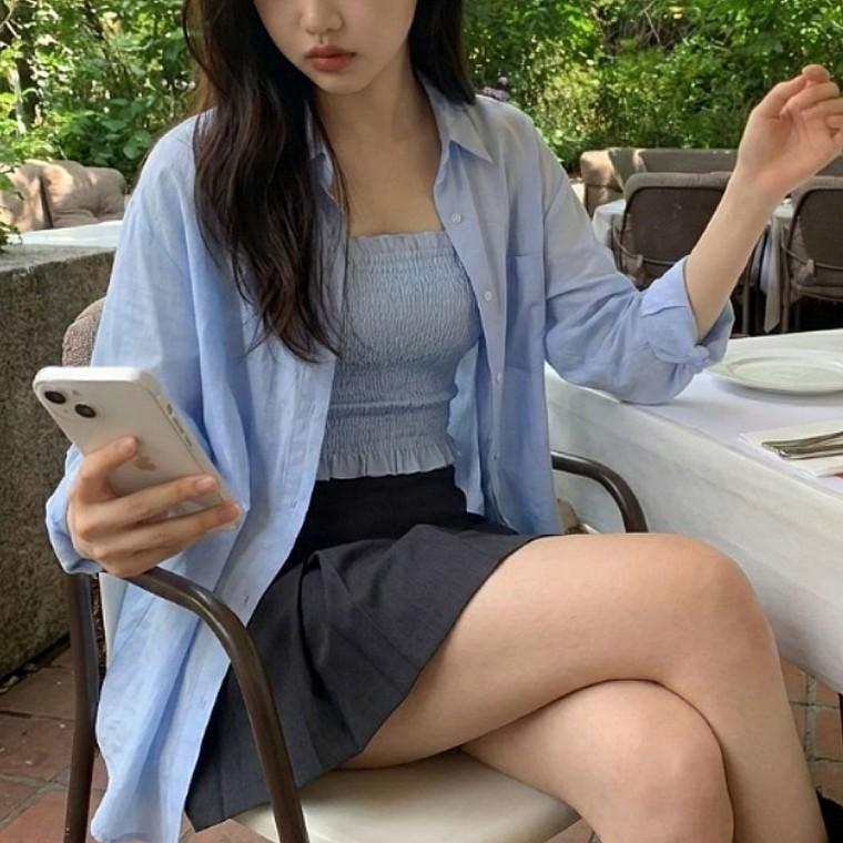 여성 데일리 코디 린넨 긴팔셔츠 스모크 나시 세트