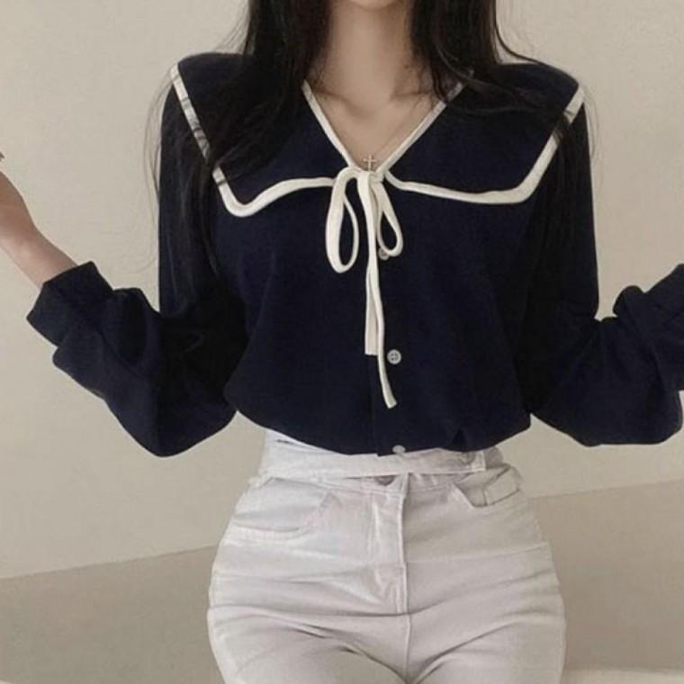 둥근카라 긴팔블라우스 리본스트랩 여성 셔링소매