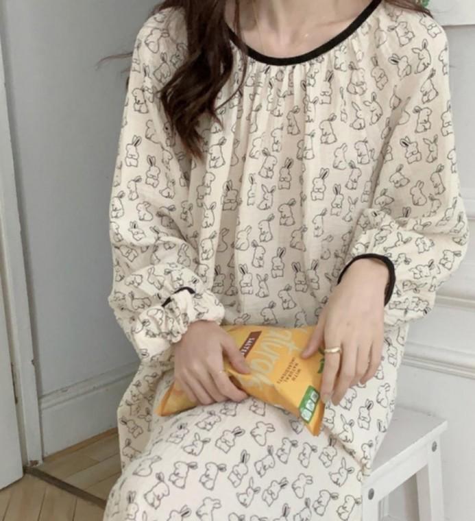 여성 캐릭터 원피스 잠옷 토끼 파자마 긴팔 홈웨어 라운지 데일리 빅사이즈