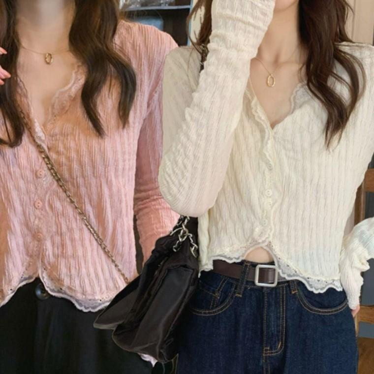 여성 긴팔 크롭 예쁜 간절기 레이스 봄 가디건 이쁜 봄 간절기 여자 크롭 학생 데일리 예쁜 여름 가을