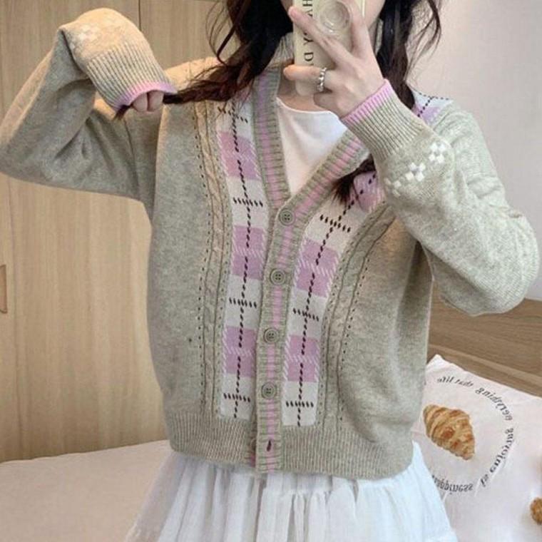 여성 봄 가을 체크 브이넥 단추 가디건 오트밀 니트가 겨울 빈티지가 사무실가 학생가 을가 단추가 예쁜가
