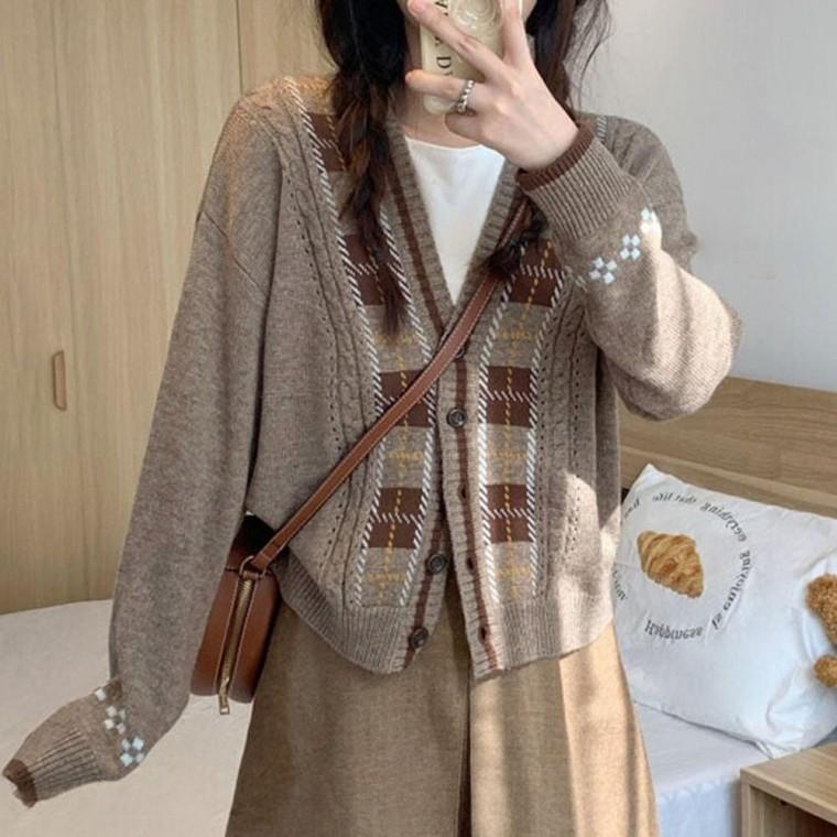 여성 봄 가을 체크 브이넥 단추 가디건 브라운 겨울 가 사무실가 여자 디건 루즈핏가 교복가 니트가