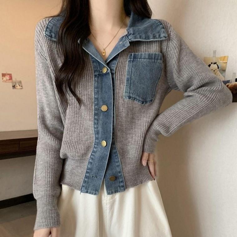 여성 예쁜 두툼 데님 카라 니트 가디건 그레이 디건 니트가 카라가 을가 빅 예쁜가 겨울 두툼가 여자