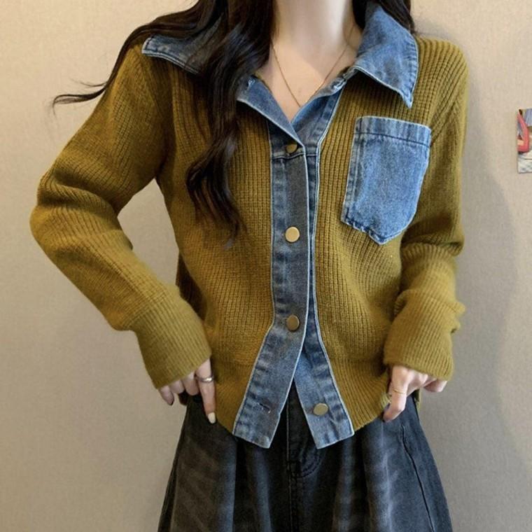 여성 예쁜 두툼 데님 카라 니트 가디건 카키 예쁜가 겨울 여성 가 빈티지가 카라가 디건 학생가 사무실가