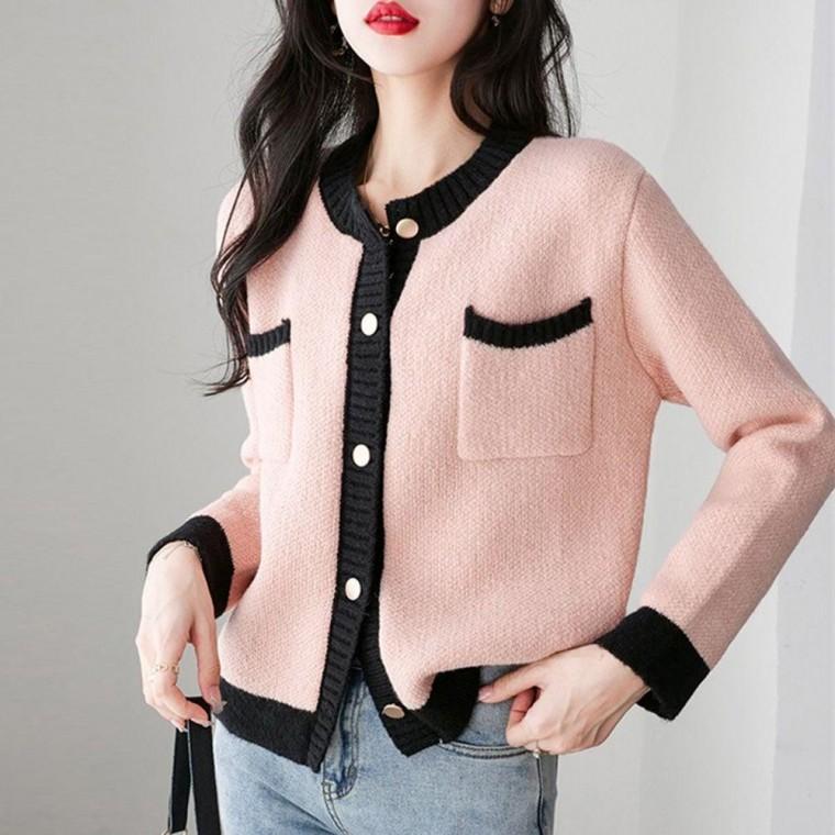 예쁜 배색 도톰 아우터 여성 러블리 가디건 핑크 여성 라운드니트가디건 사무실가디건 가을가디건 데일리