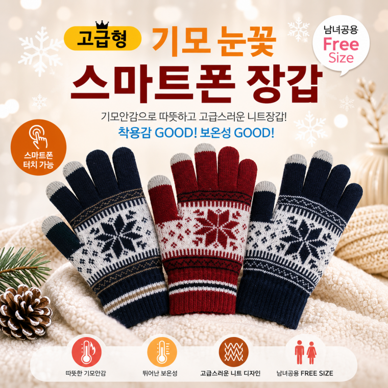 [기모 눈꽃 스마트폰 장갑] 눈꽃 스마트폰 터치장갑 겨울 방한 기모 털장갑 방한용 남여공용