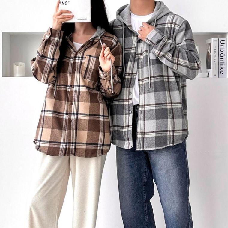 남자 여자 간편 외출 홈웨어 체크 패턴 커플 아이템 기모 셔츠 후드 남방 여성 가을